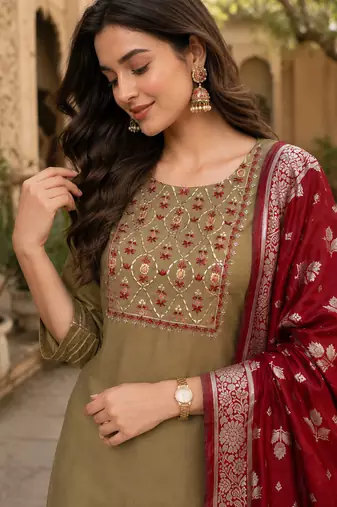  women's beige art silk  heavy embroidered kurta set with dupatta