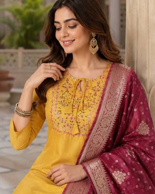  women's art silk  embroidered straight side slit kurta set with dupatta 3