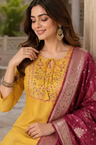  women's art silk  embroidered straight side slit kurta set with dupatta