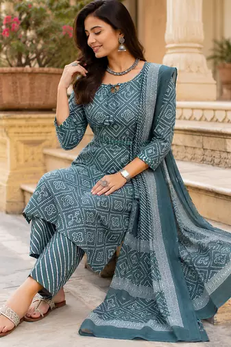 women's straight side slit  mirror work  kurta pant set with digital mal dupatta