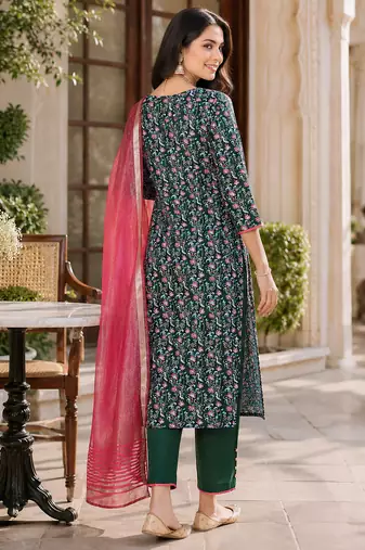  women's kalamkari print straight side slit kurta pant set with organza dupatta