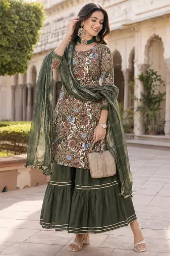 women's kalamkari print straight side slit kurta sharara with dupatta