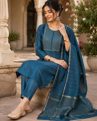 women's blue sequin embroidery kurta set with jacquard dupatta 3