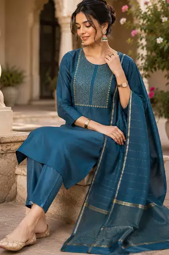 women's blue sequin embroidery kurta set with jacquard dupatta