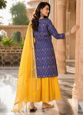 women's kalamkari print straight side slit kurta skirt with  dupatta 3
