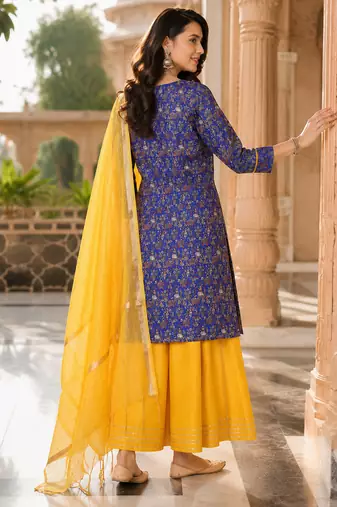 women's kalamkari print straight side slit kurta skirt with  dupatta