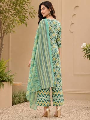 women's jaipuri floral print straight side slit kurta plazzo set with dupatta 3