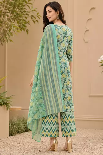 women's jaipuri floral print straight side slit kurta plazzo set with dupatta
