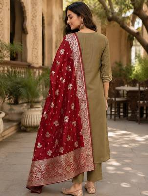  women's beige art silk  heavy embroidered kurta set with dupatta 4