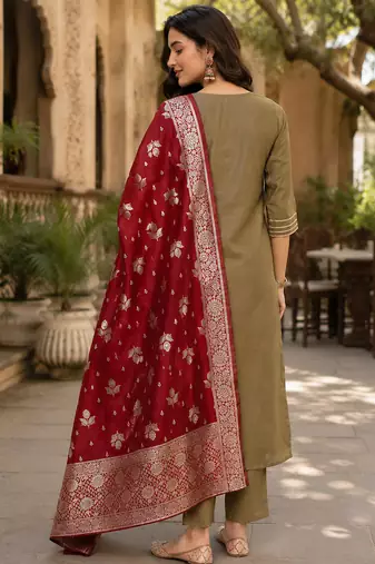  women's beige art silk  heavy embroidered kurta set with dupatta