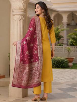  women's art silk  embroidered straight side slit kurta set with dupatta 4