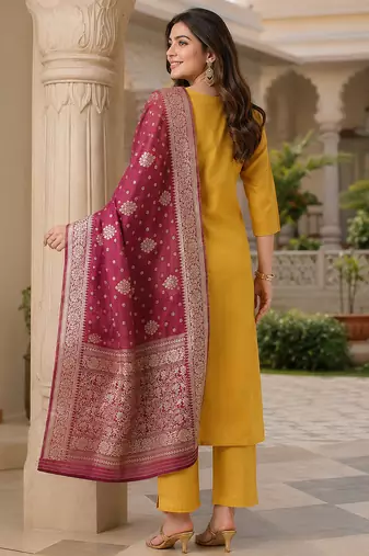  women's art silk  embroidered straight side slit kurta set with dupatta