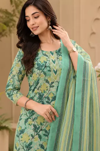 women's jaipuri floral print straight side slit kurta plazzo set with dupatta