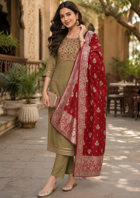  women's beige art silk  heavy embroidered kurta set with dupatta 5