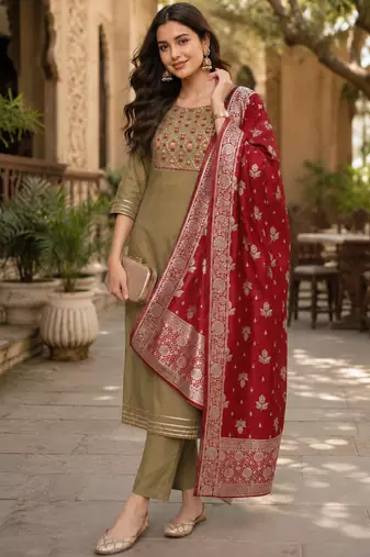  women's beige art silk  heavy embroidered kurta set with dupatta