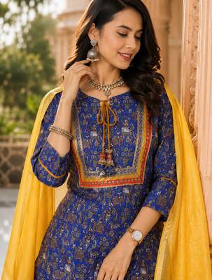 women's kalamkari print straight side slit kurta skirt with  dupatta 4