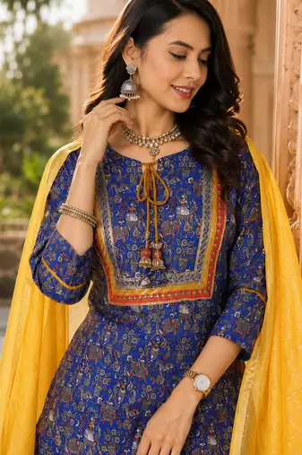 women's kalamkari print straight side slit kurta skirt with  dupatta