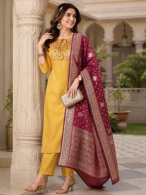  women's art silk  embroidered straight side slit kurta set with dupatta 5