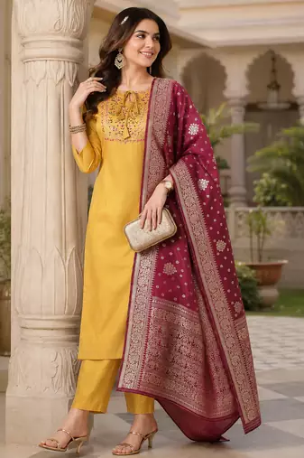  women's art silk  embroidered straight side slit kurta set with dupatta
