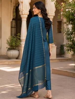women's blue sequin embroidery kurta set with jacquard dupatta 4