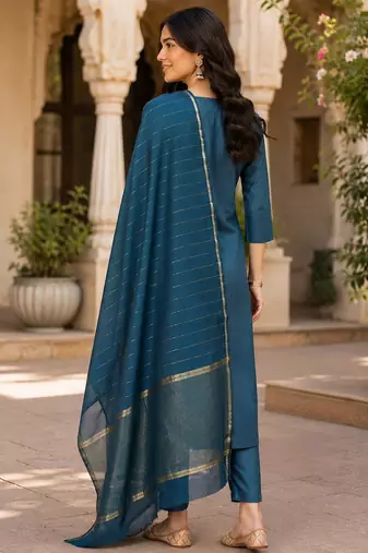 women's blue sequin embroidery kurta set with jacquard dupatta