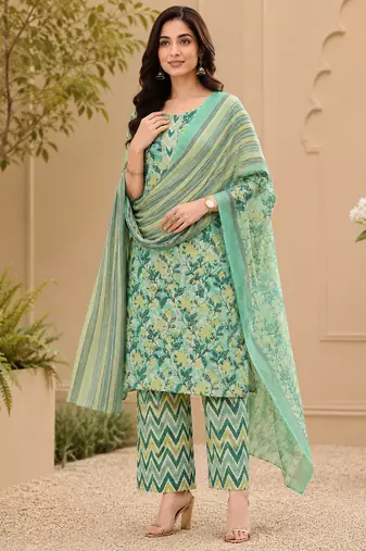 women's jaipuri floral print straight side slit kurta plazzo set with dupatta