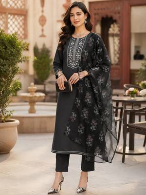  women's straight side slit  embroidered  kurta pant set with digital  dupatta 5