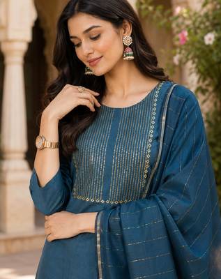 women's blue sequin embroidery kurta set with jacquard dupatta 5