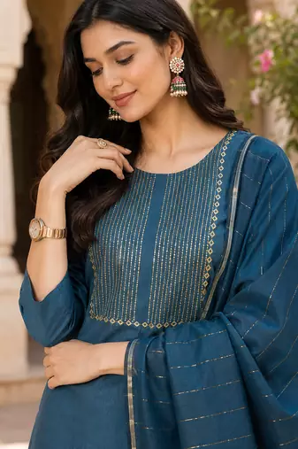 women's blue sequin embroidery kurta set with jacquard dupatta