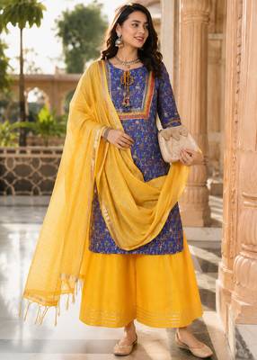 women's kalamkari print straight side slit kurta skirt with  dupatta 5