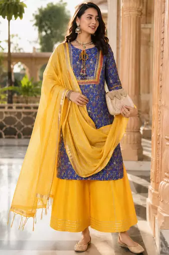 women's kalamkari print straight side slit kurta skirt with  dupatta