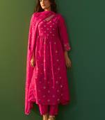 Pink cotton floral printed ethnic kurta set with matching dupatta