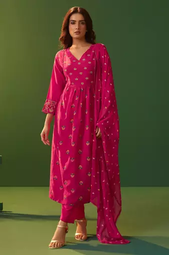 Pink cotton floral printed ethnic kurta set with matching dupatta