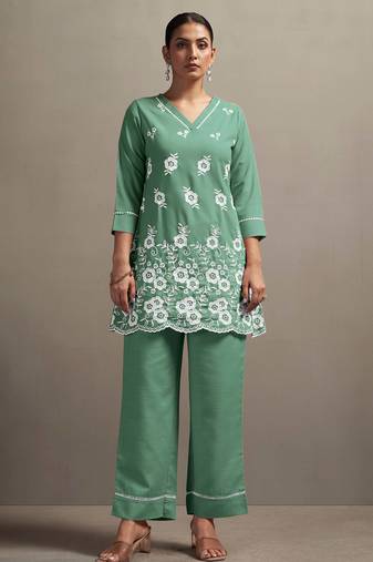 Green pure cotton schiffli embroidered straight co-ord set