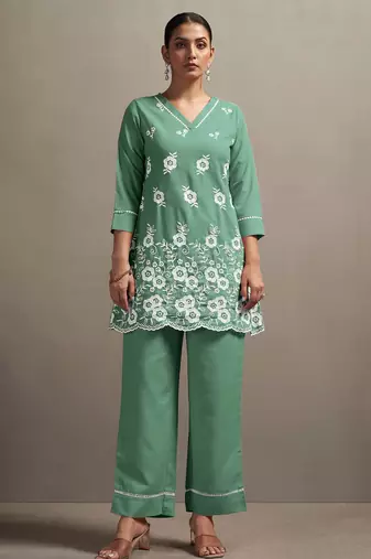 Green pure cotton schiffli embroidered straight co-ord set