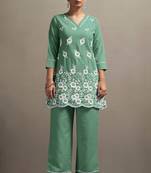 Green pure cotton schiffli embroidered straight co-ord set