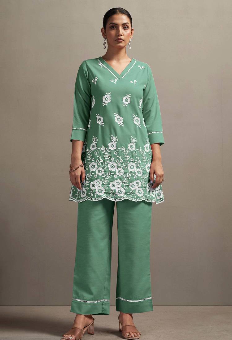 Green pure cotton schiffli embroidered straight co-ord set