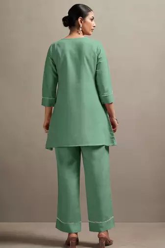 Green pure cotton schiffli embroidered straight co-ord set