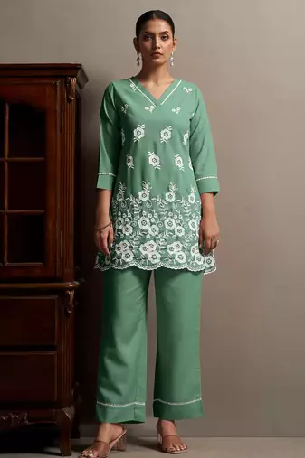 Green pure cotton schiffli embroidered straight co-ord set