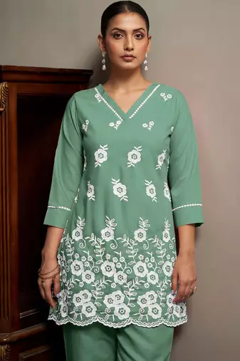 Green pure cotton schiffli embroidered straight co-ord set