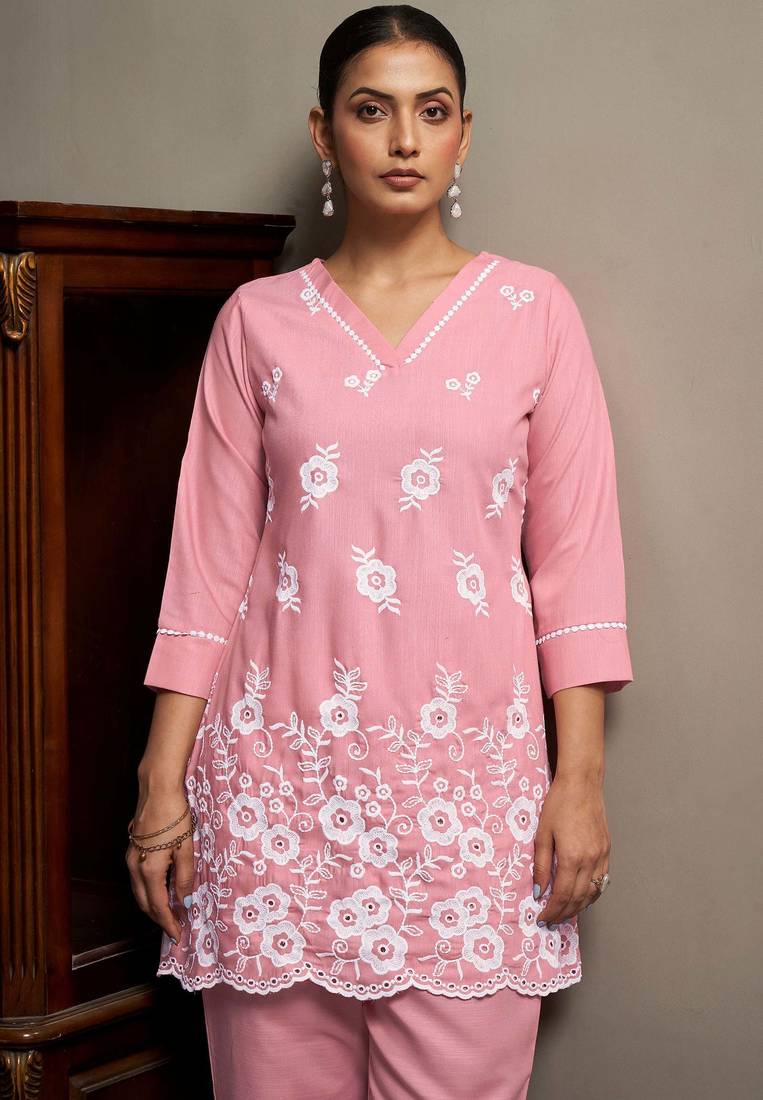 Pink pure cotton schiffli embroidered straight co-ord set