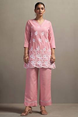 Pink pure cotton schiffli embroidered straight co-ord set 2