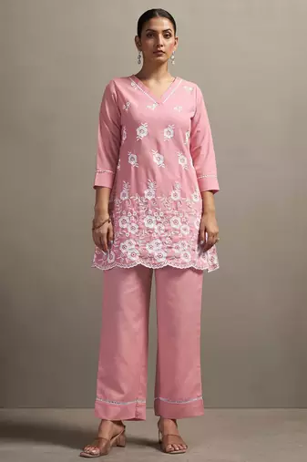 Pink pure cotton schiffli embroidered straight co-ord set
