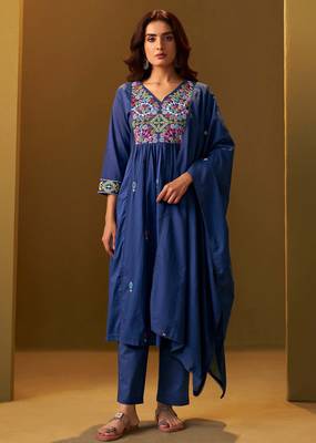 Navy blue pure cotton embroidered thread work ethnic kurta set with matching dupatta 1