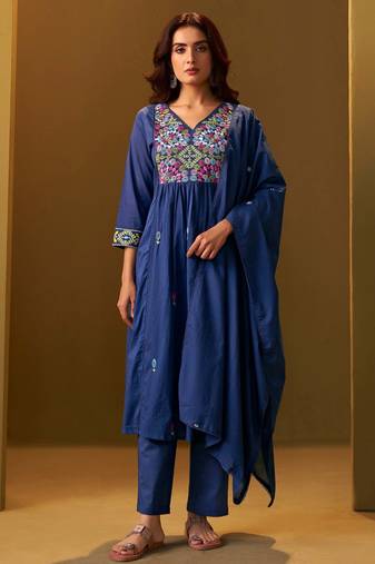 Navy blue pure cotton embroidered thread work ethnic kurta set with matching dupatta