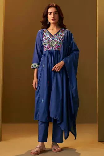 Navy blue pure cotton embroidered thread work ethnic kurta set with matching dupatta