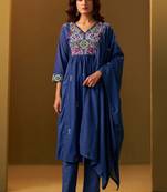 Navy blue pure cotton embroidered thread work ethnic kurta set with matching dupatta