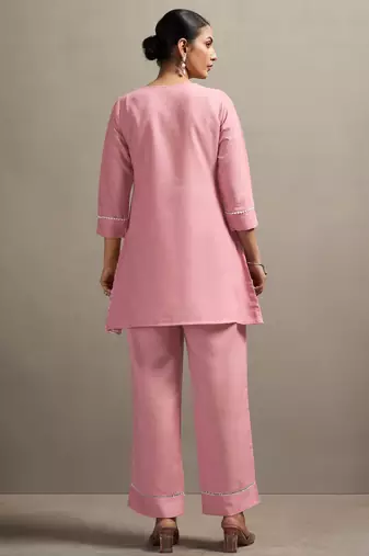 Pink pure cotton schiffli embroidered straight co-ord set