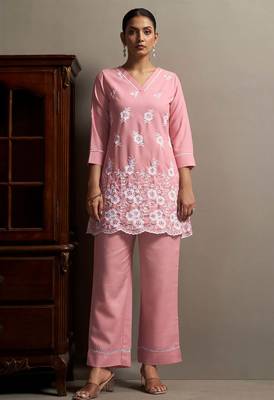 Pink pure cotton schiffli embroidered straight co-ord set 4