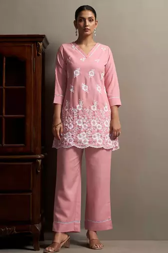 Pink pure cotton schiffli embroidered straight co-ord set
